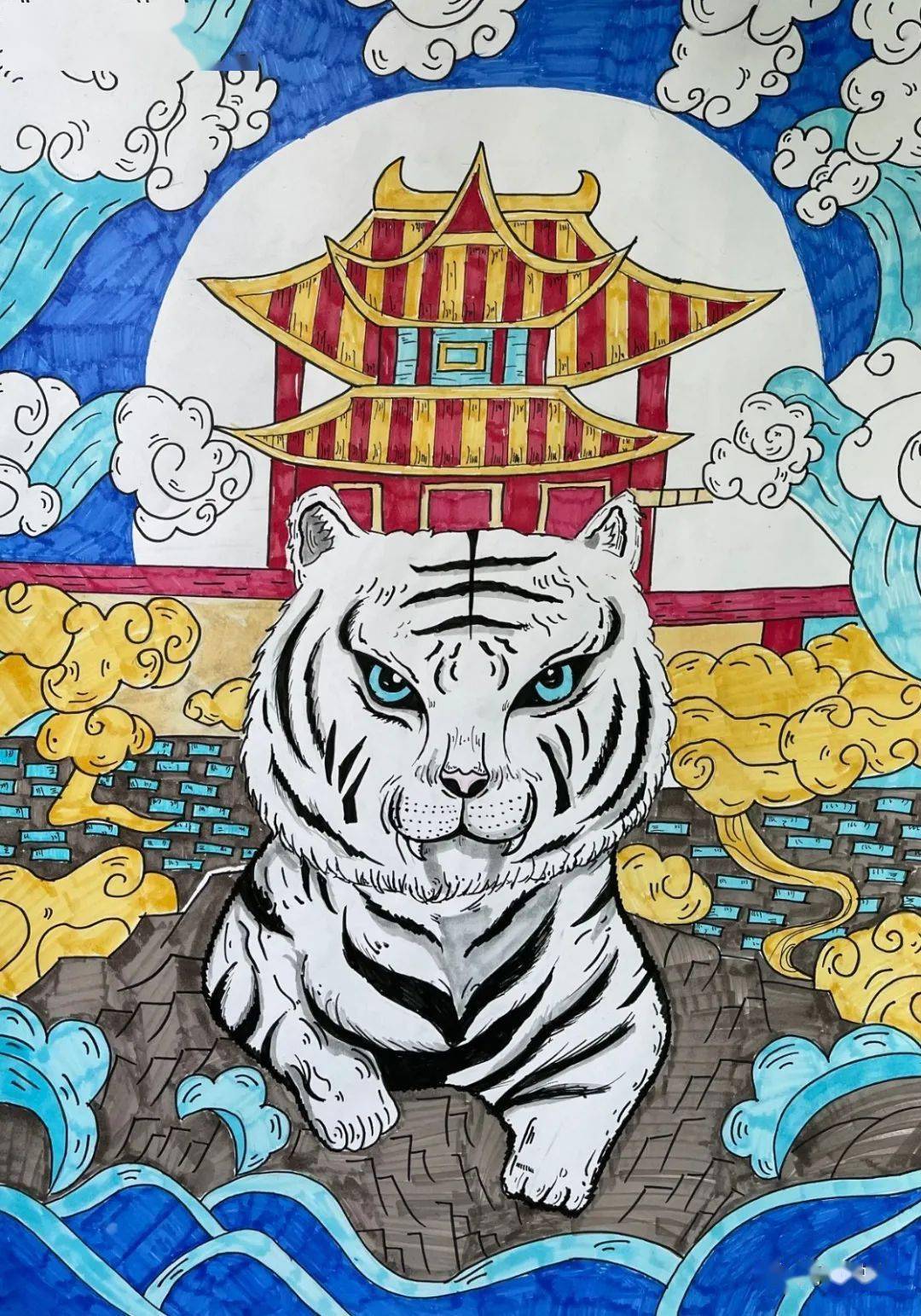 猛虎报，威震山林显雄风，猎食疾行如闪电，百兽之王展威风